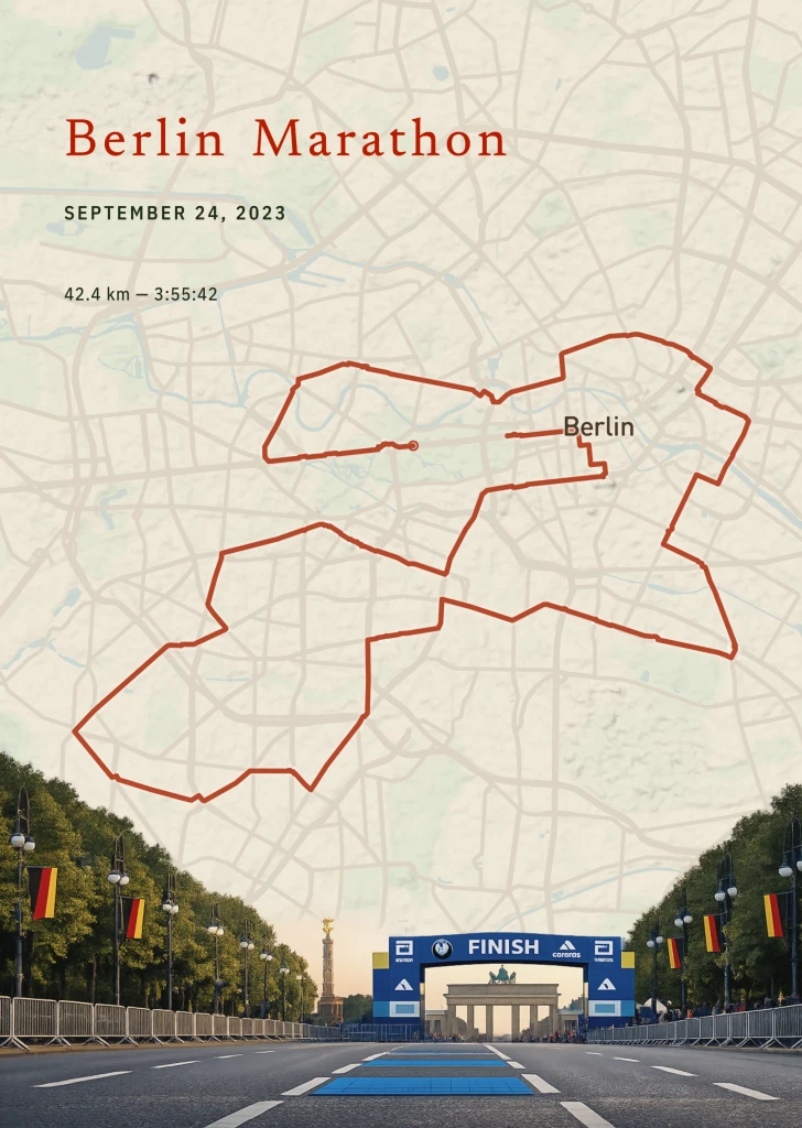 Routenposter des Berlin-Marathons: rote Streckenlinie auf hellem Stadtplan, darunter der Zieleinlauf am Brandenburger Tor