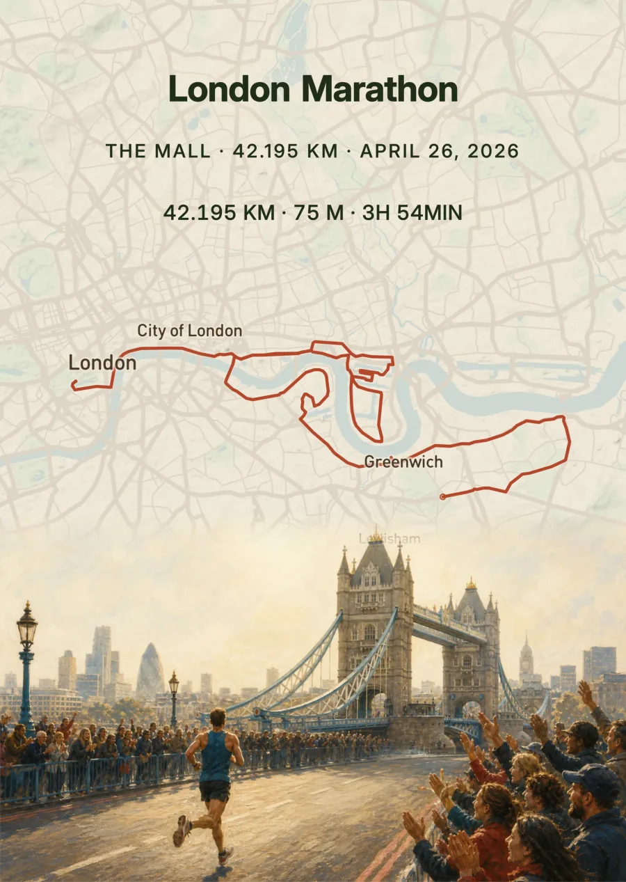 London-Marathon-Routenposter: Streckenverlauf auf hellem Stadtplan der Themse, darunter ein Läufer vor der Tower Bridge