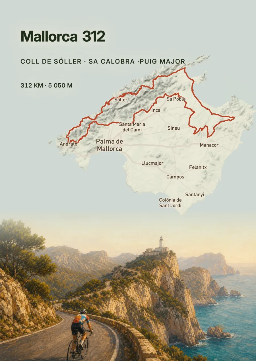 Mallorca-312-Routenposter: Inselumrundung auf mintgrüner Karte, darunter Rennradfahrer an der Steilküste