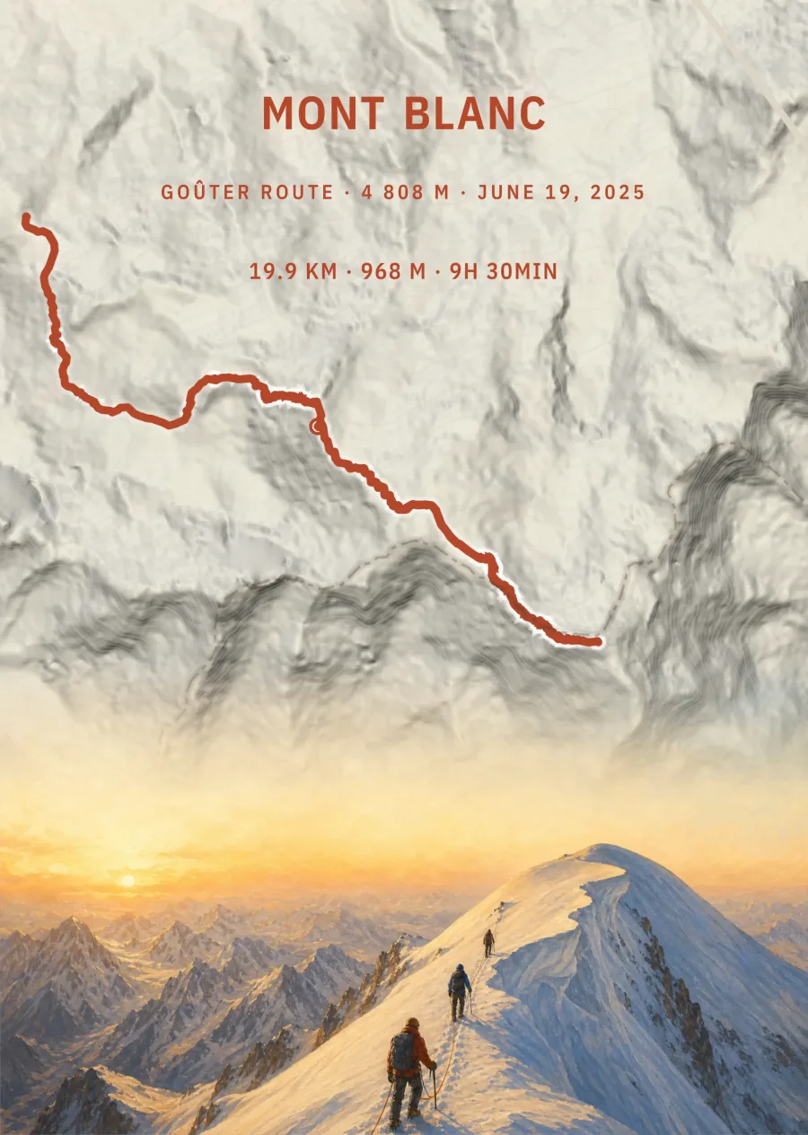 Mont-Blanc-Routenposter: Goûter-Route auf Reliefkarte, darunter Bergsteiger auf dem Grat im Morgenlicht