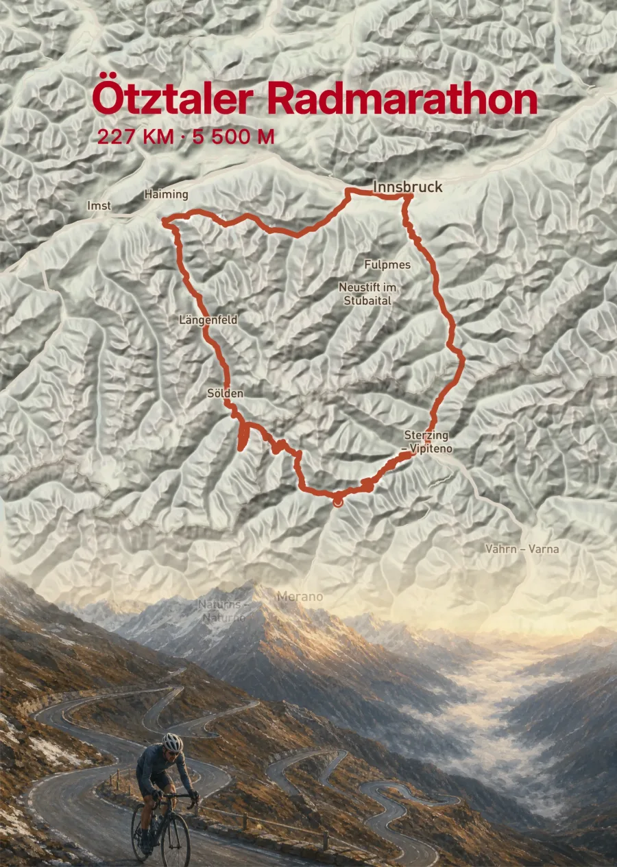 Ötztaler-Radmarathon-Routenposter: Rundkurs über Innsbruck und Sölden auf Reliefkarte, darunter ein Rennradfahrer in den Kehren