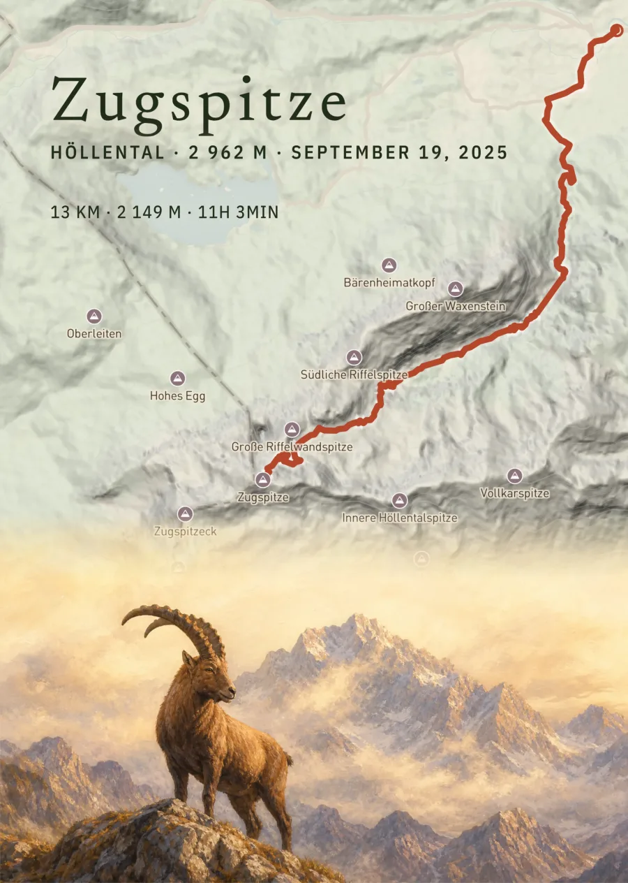 Zugspitze-Routenposter: Höllental-Route auf Reliefkarte, darunter ein Steinbock vor Alpengipfeln im Abendlicht
